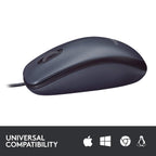 Black computer mouse with compatibility icons on a white background