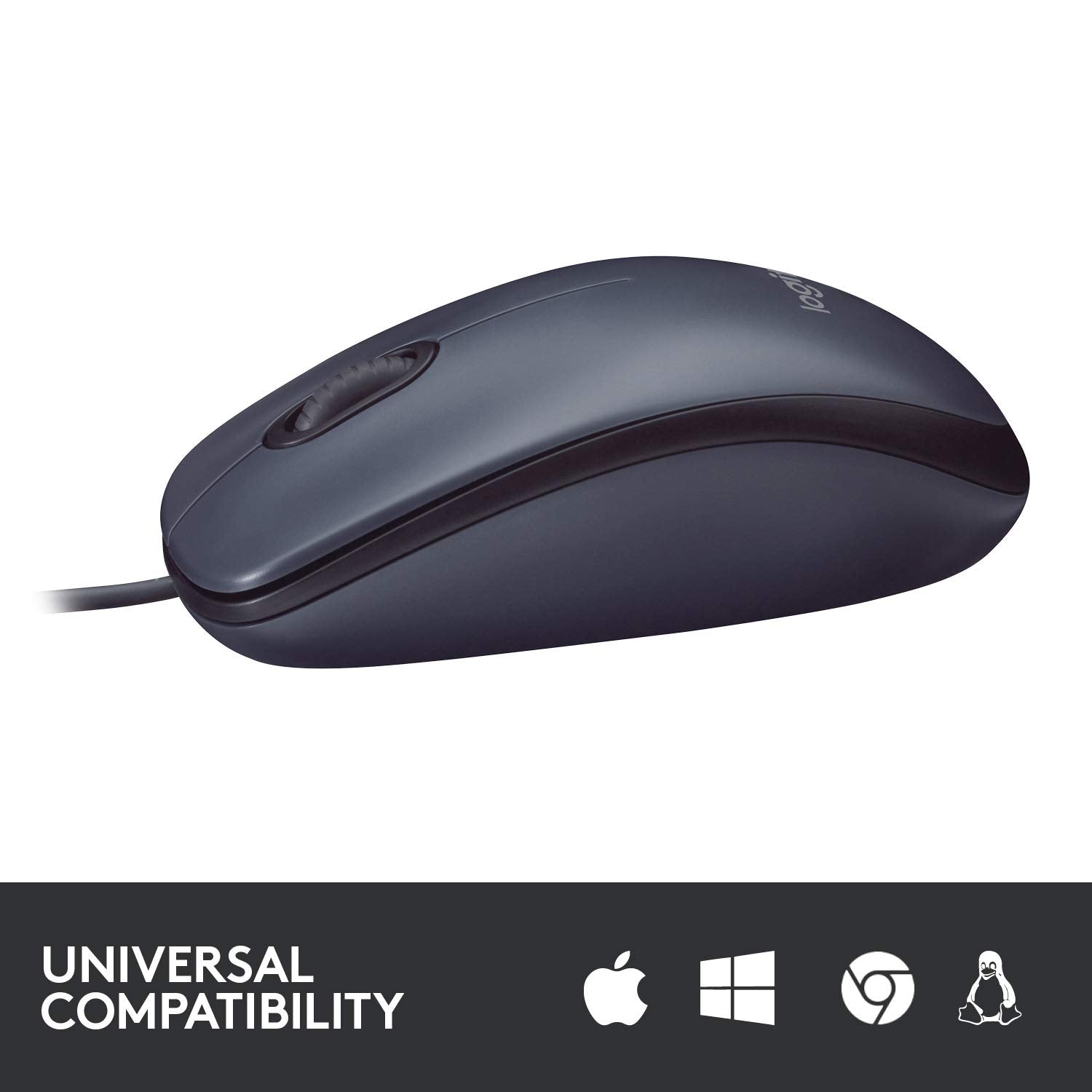Black computer mouse with compatibility icons on a white background