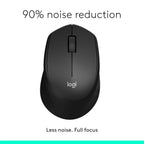 Black computer mouse with Logitech logo on a white background, highlighting 90% noise reduction feature.