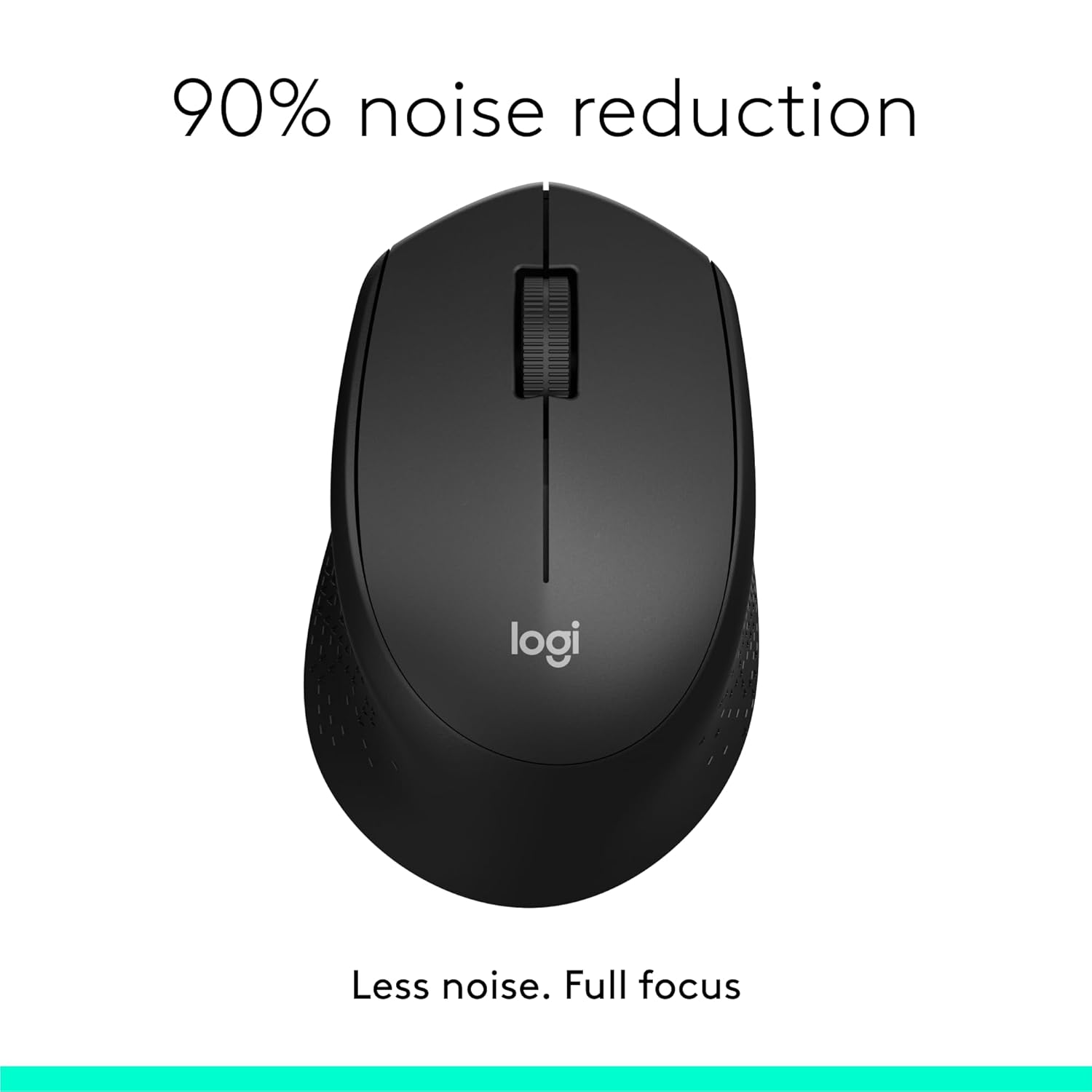 Black computer mouse with Logitech logo on a white background, highlighting 90% noise reduction feature.