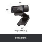 Logitech webcam with dimensions and weight displayed