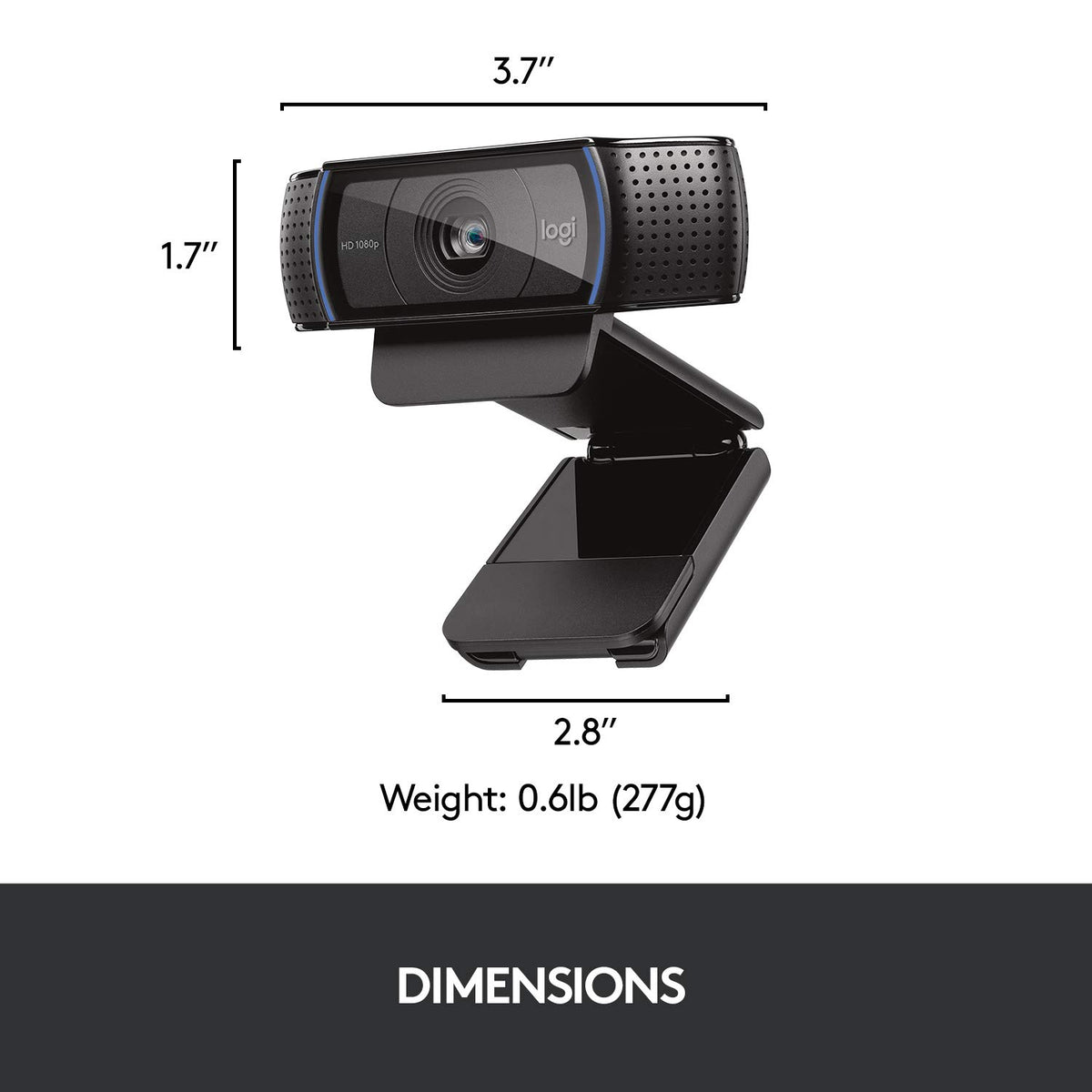 Logitech webcam with dimensions and weight displayed