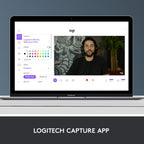 Laptop displaying the Logitech Capture app with a person on a video call.