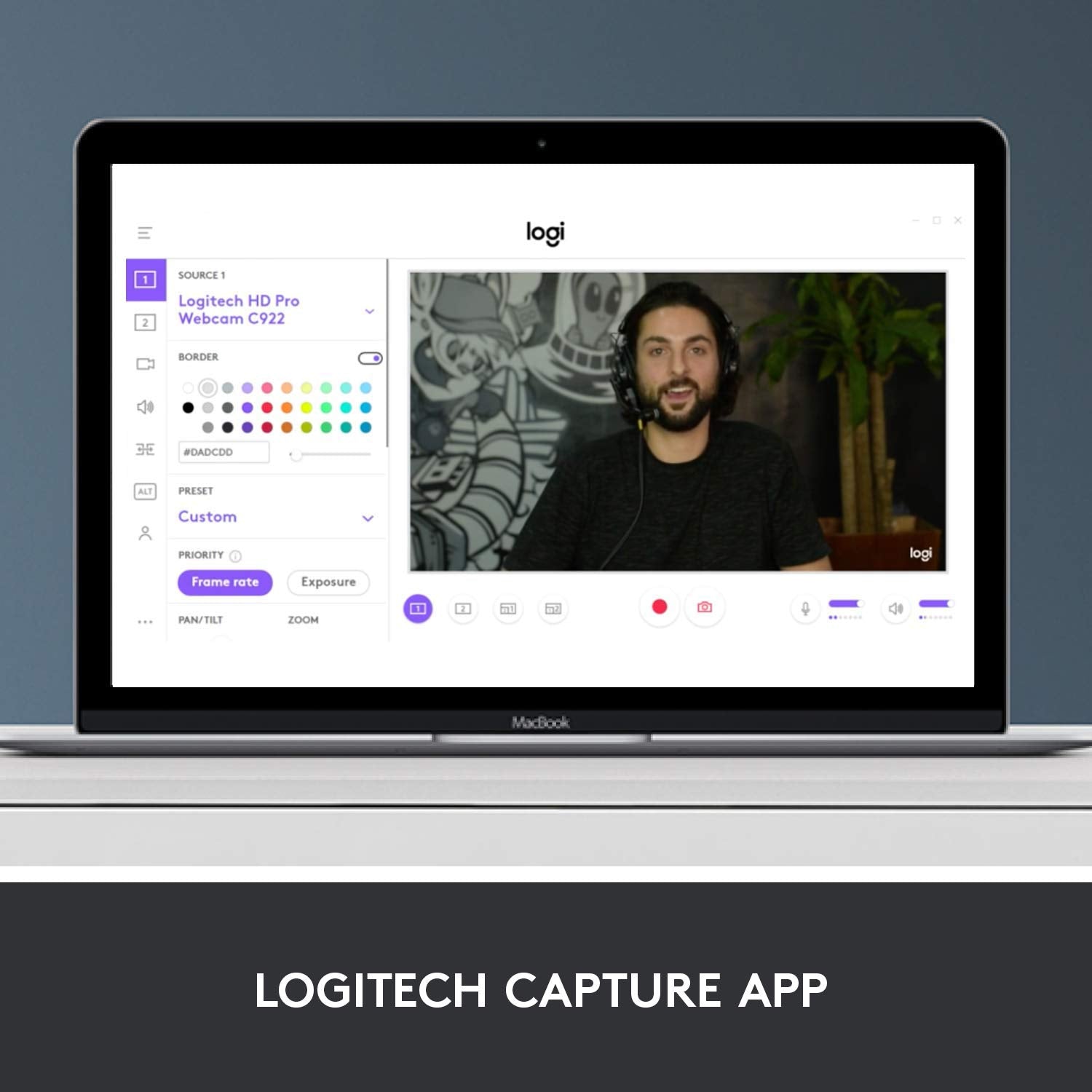 Laptop displaying the Logitech Capture app with a person on a video call.
