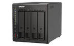 A QNAP all-in-one network storage server with four drive bays, shown from a three-quarter angle on a solid white background.