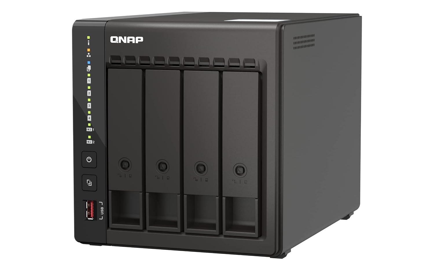 A QNAP all-in-one network storage server with four drive bays, shown from a three-quarter angle on a solid white background.