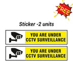 Two rectangular CCTV warning stickers shown on a white background, each with a black security camera icon and the text 'YOU ARE UNDER CCTV SURVEILLANCE' in black on a yellow panel. Above the stickers, the text reads 'Sticker -2 units.