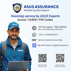 ASUS Assurance advertisement with a man holding a laptop, featuring ASUS branding and contact information.