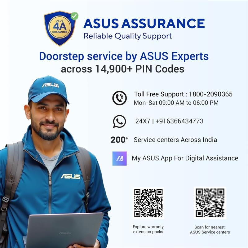 ASUS Assurance advertisement with a man holding a laptop, featuring ASUS branding and contact information.