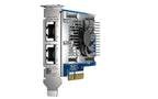 Network interface card with two Ethernet ports and a cooling fan on a white background