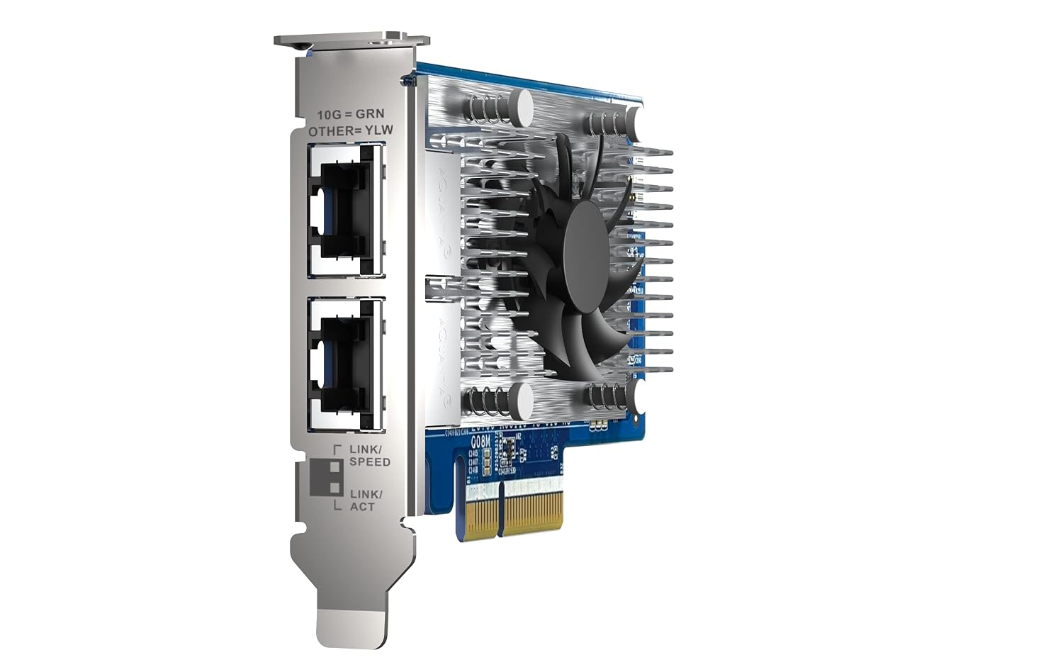 Network interface card with two Ethernet ports and a cooling fan on a white background