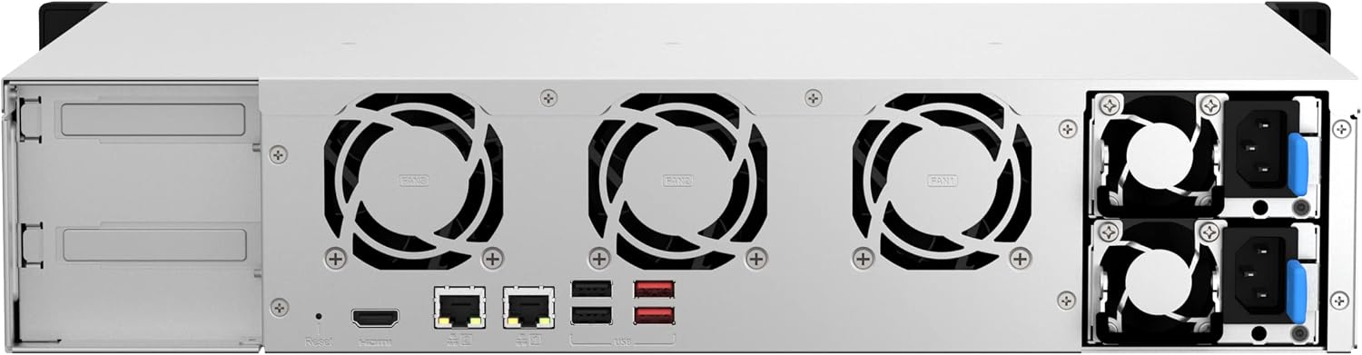 Back view of a network switch with multiple fans and ports.