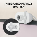 Logitech webcam with integrated privacy shutter on a light background
