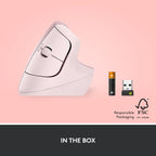 Logitech Ergo Series Lift Vertical Bluetooth Wireless 4000 DPI Optical Mouse - Rose