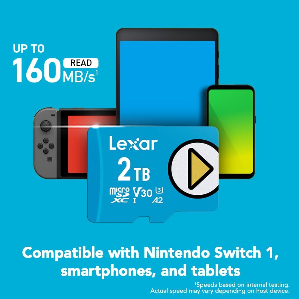 Lexar 512GB PLAY micro SD Card, UHS-I, C10, U3, V30, A2, Full HD, 4K, Up to 205/140 MB/s microSDXC Memory Card, Expanded Storage for Nintendo-Switch 1, Gaming, Smartphones, Tablets (LMSPLAY512G-BNSNU)