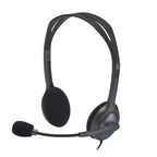 Black headset with microphone on a white background