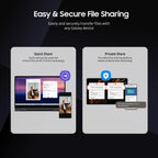 Advertisement for file sharing features on a smartphone and tablet with text 'Easy & Secure File Sharing'.