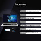 Laptop with key features listed on a dark background