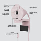 A pink Logitech webcam with callout labels pointing to features such as privacy shutter, full HD lens, LED activity light, mono noise-reducing mic, USB-C connectivity, and auto light correction, on a light gray background.
