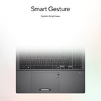 A laptop or tablet keyboard and trackpad area shown against a soft white-to-light-gray gradient background, with the text 'Smart Gesture' and 'System brightness' above it.