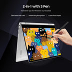 Laptop with colorful cat illustrations on screen and hand holding S Pen, against a dark background.