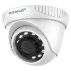 A white dome security camera with a black lens and multiple white LED light elements, featuring the PRAMA brand logo in blue on the top casing, set against a plain white background.