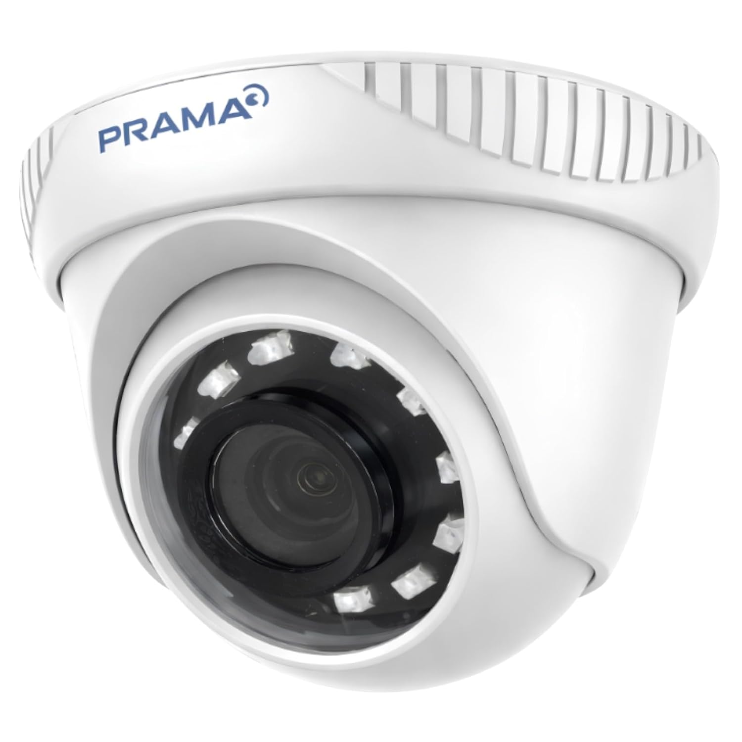 A white dome security camera with a black lens and multiple white LED light elements, featuring the PRAMA brand logo in blue on the top casing, set against a plain white background.