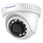 A white dome security camera with a black lens and multiple white LED light elements, featuring the PRAMA brand logo in blue on the top casing, set against a plain white background.