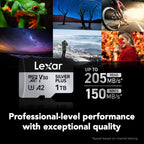 Lexar Professional Silver Plus microSDXC Memory Card w/SD Adapter, UHS-I, C10, U3, V30, Full-HD & 4K Video, Up to 205/150 MB/s Read/Write, for Videographers, Gamers