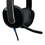 Black gaming headset with microphone on a white background