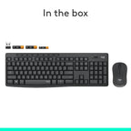 Logitech wireless keyboard and mouse set shown on a white background under the heading 'In the box', with small battery icon graphics to the left of the keyboard.