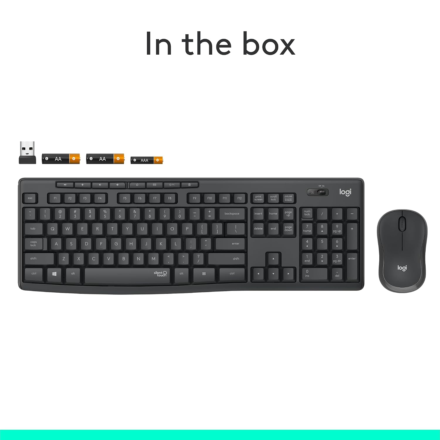 Logitech wireless keyboard and mouse set shown on a white background under the heading 'In the box', with small battery icon graphics to the left of the keyboard.
