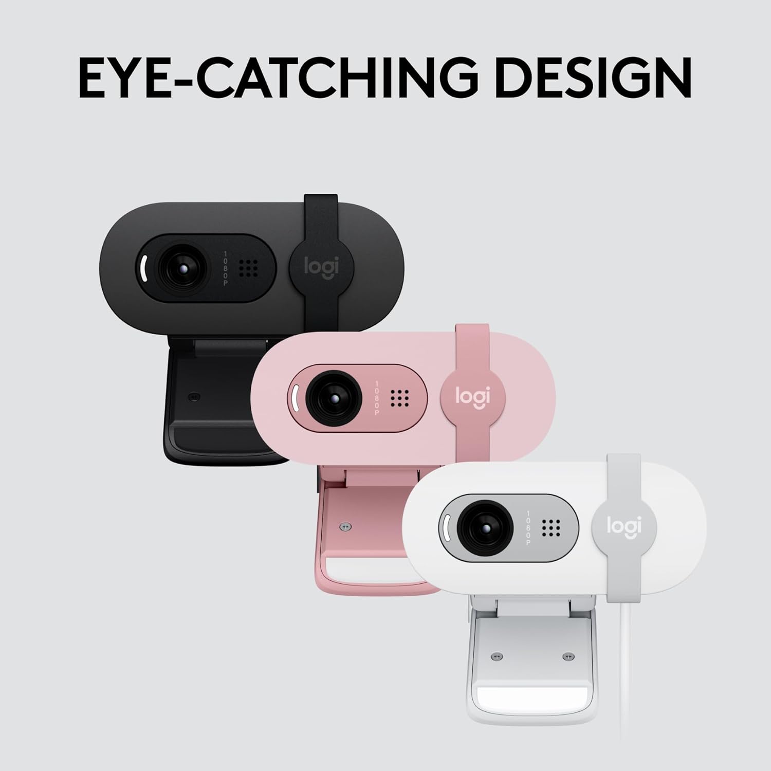 Three Logitech webcams in black, pink, and white on a light gray background with 'UN DESIGN ATTRACTIF' text.