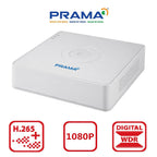 A white PRAMA digital video recorder box shown on a white background, with the PRAMA logo at the top and three red feature badges at the bottom reading H.265, 1080P, and DIGITAL WDR.