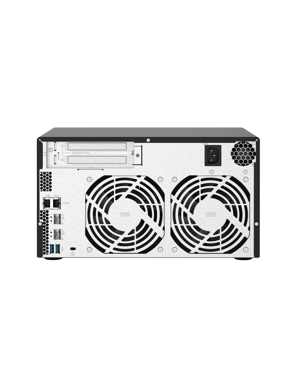 Raspberry Pi 400+ back view showing two cooling fans, ports, and a power connector on a white background.