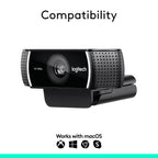 Logitech HD 1080p webcam shown on a white background with the word 'Compatibility' above it and 'Works with macOS' plus platform icons below.
