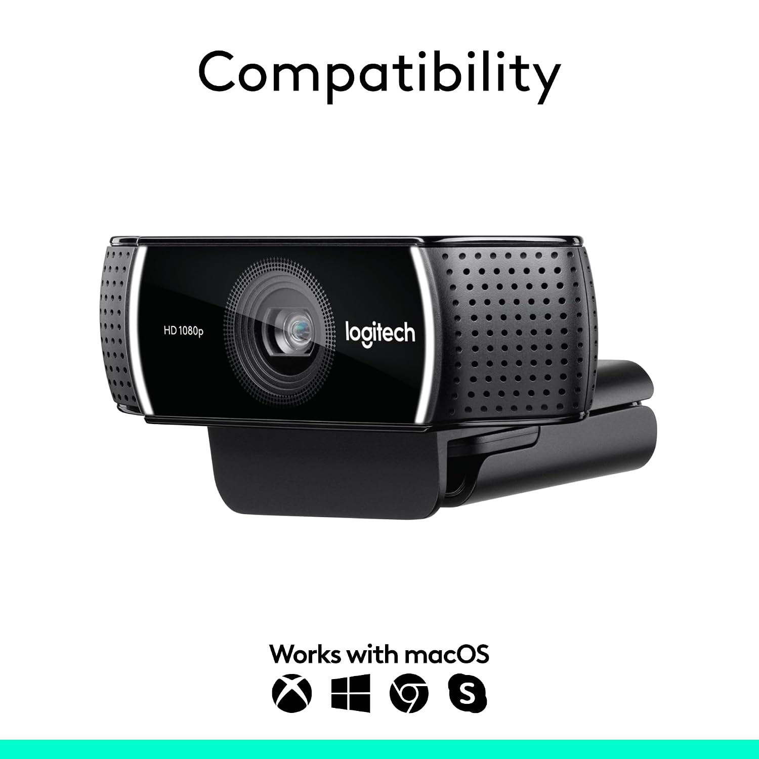 Logitech HD 1080p webcam shown on a white background with the word 'Compatibility' above it and 'Works with macOS' plus platform icons below.
