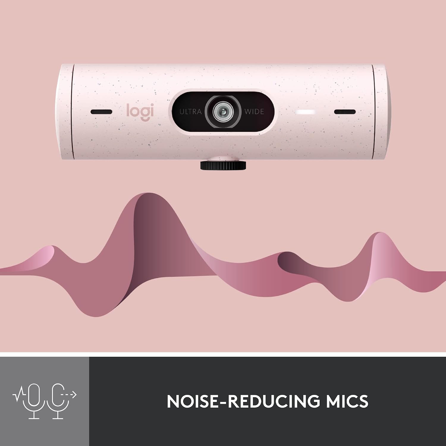 Logitech webcam with noise-reducing mics on a pink background