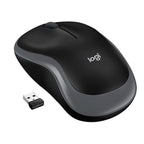 Black Logitech wireless mouse with USB receiver on a white background