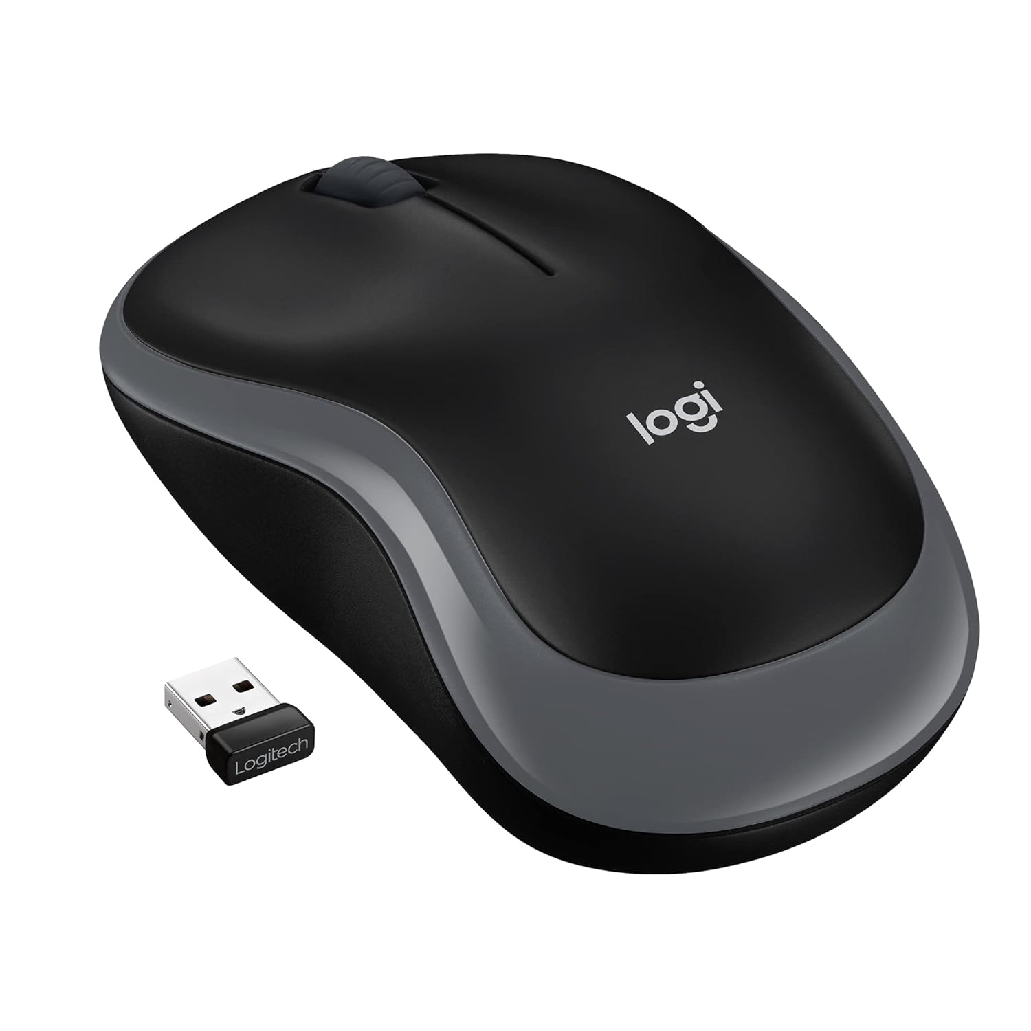 Black Logitech wireless mouse with USB receiver on a white background