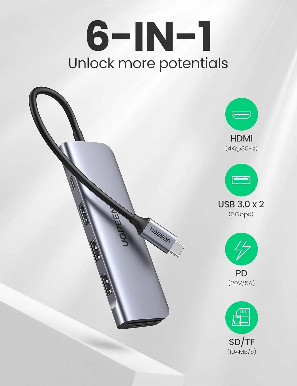 UGREEN 6-in-1 Type C Docking Station HDMI 4K 2 USB 3.0 SD TF Card Reader 100W PD MacBook Pro Air Galaxy Note S10 (70411)