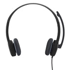 Black headset with a microphone on a white background