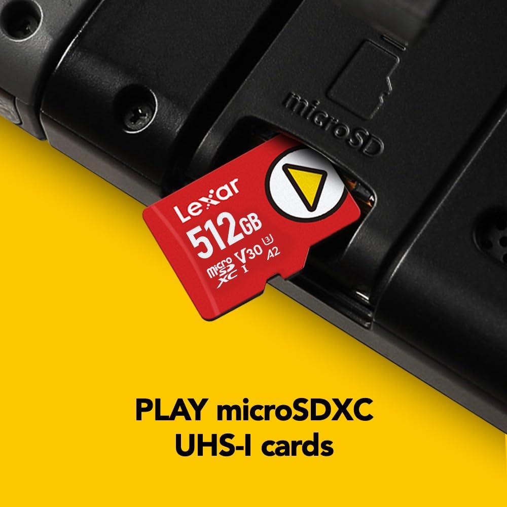 Lexar 512GB PLAY micro SD Card, UHS-I, C10, U3, V30, A2, Full HD, 4K, Up to 205/140 MB/s microSDXC Memory Card, Expanded Storage for Nintendo-Switch 1, Gaming, Smartphones, Tablets (LMSPLAY512G-BNSNU)
