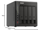 A black QNAP NAS device with dimension markings showing 18 cm height, 17 cm width, and front depth, on a white background.