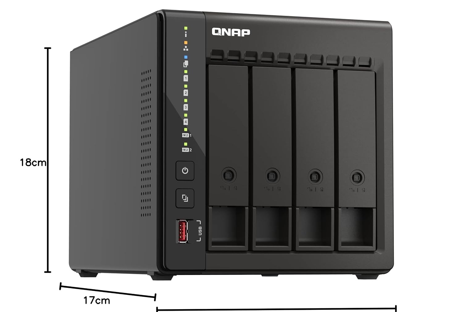 A black QNAP NAS device with dimension markings showing 18 cm height, 17 cm width, and front depth, on a white background.
