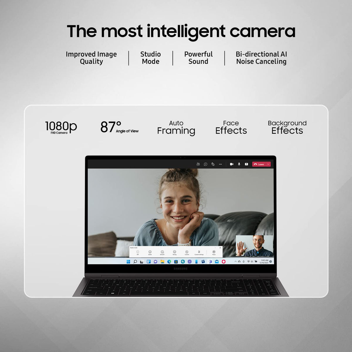 Promotional graphic for a smart camera/laptop device showing marketing text such as 'The most intelligent camera' and feature callouts like 1080p, 87° field of view, auto framing, face effects, and background effects. A laptop screen displays a video call with a woman and a small inset of another person.