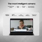 Promotional graphic for a smart camera/laptop device showing marketing text such as 'The most intelligent camera' and feature callouts like 1080p, 87° field of view, auto framing, face effects, and background effects. A laptop screen displays a video call with a woman and a small inset of another person.