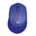 Blue computer mouse with 'logi' branding on a white background