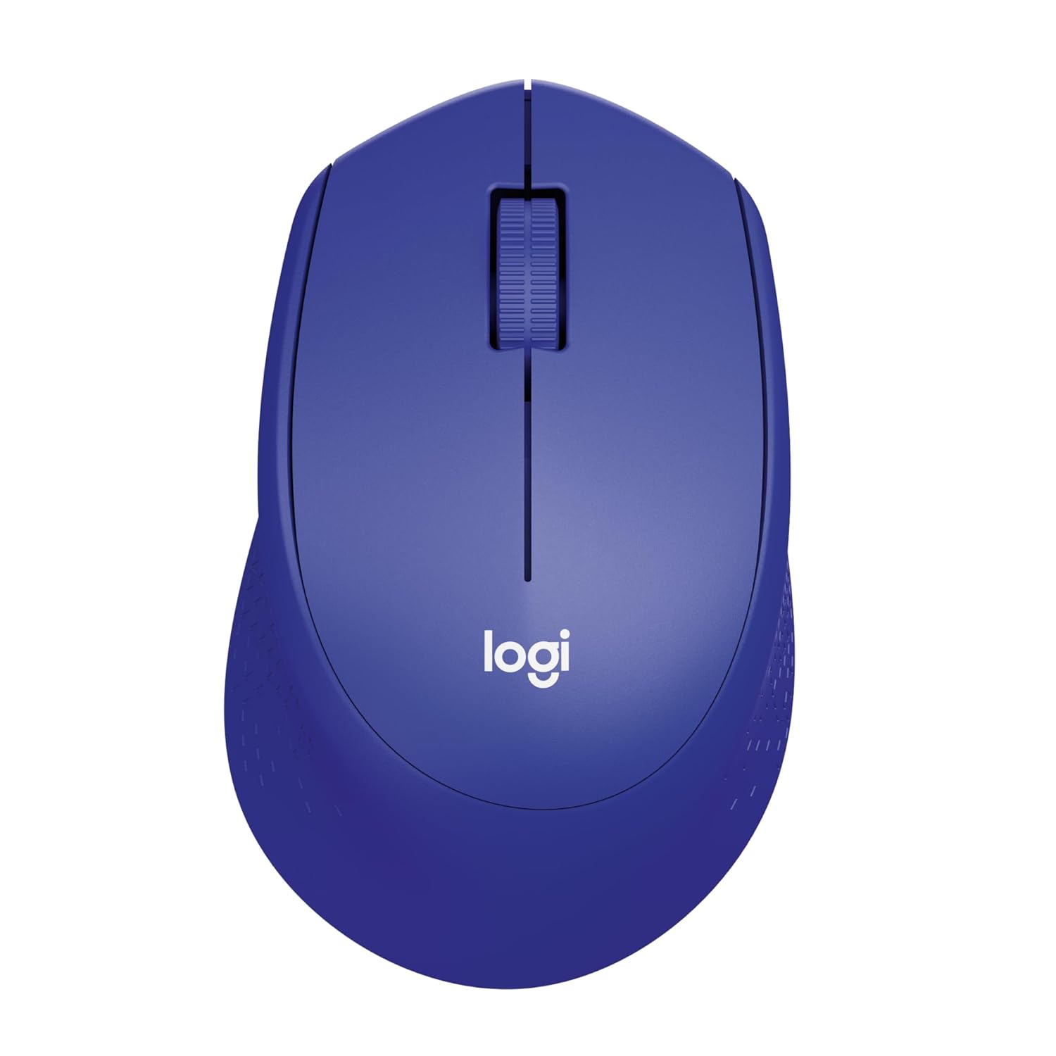 Blue computer mouse with 'logi' branding on a white background