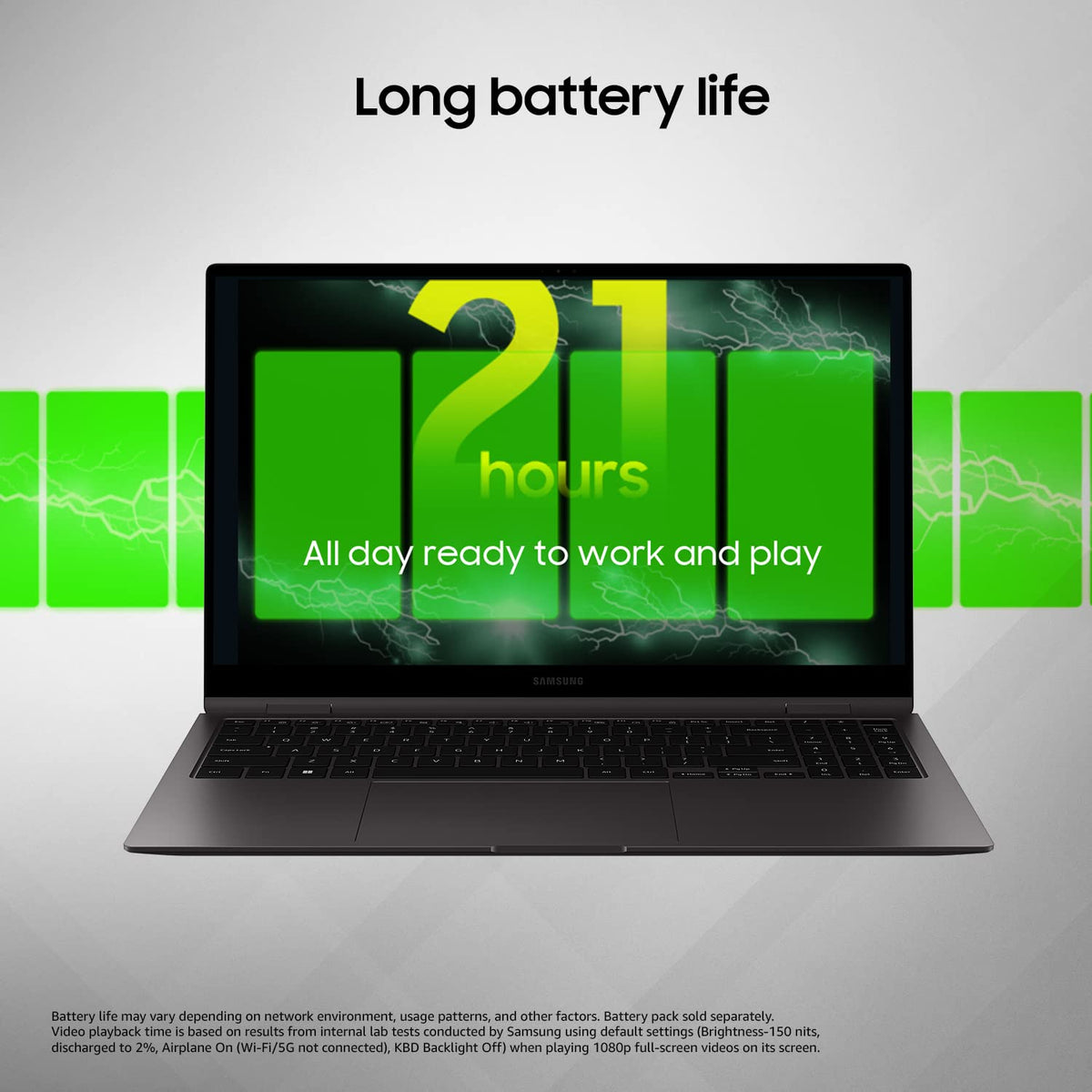 A Samsung laptop shown open on a light gray background with bright green graphic panels and the text 'Long battery life' and '21 hours All day ready to work and play.' The product being sold appears to be the laptop, not the screen graphic or marketing text.